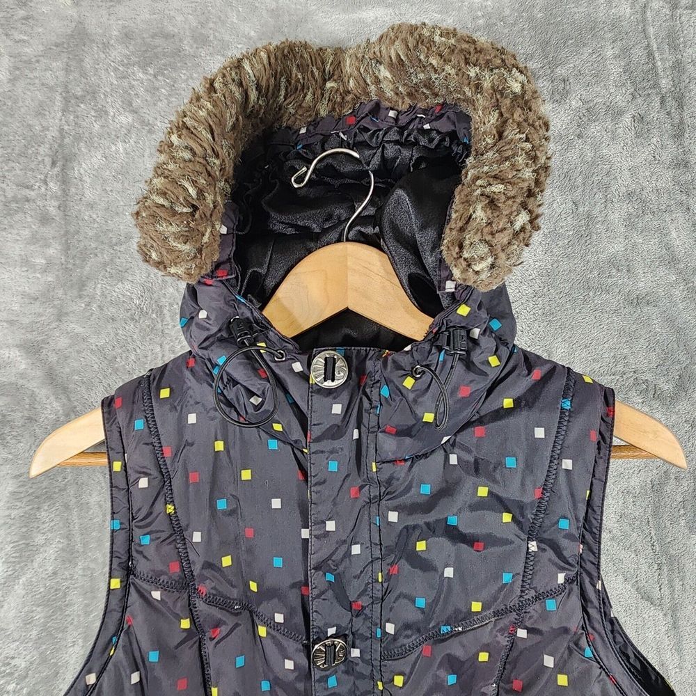 Burton Puffer Vest Women's Medium DryRide Sly Faux Fur Hood Polka Dot Blac